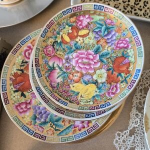 Vintage Colorful Floral Dinner Plates with Greek Key Design
